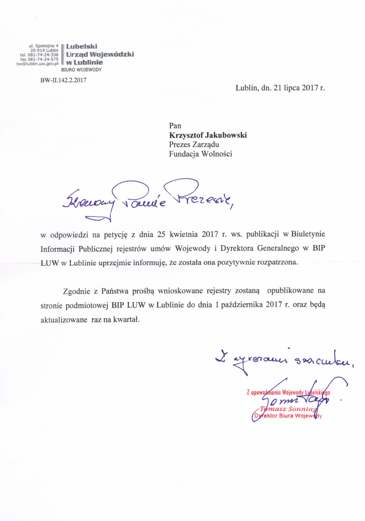 Odpowiedź Wojewody na petycję ws publikacji rejestrów umów